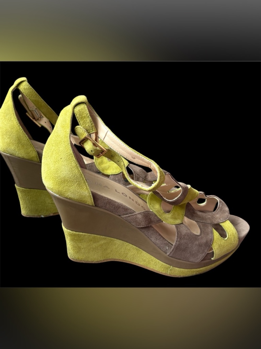 🌳SACHA LONDON Green Suede & Grey Patent Leather Platform Wedge Sandals, Sz 9